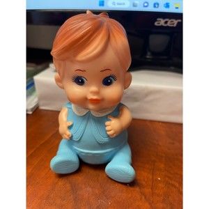 Vintage 1968 Iwai 5" Squeak Toy Blue Baby Boy Rubber Doll Japan